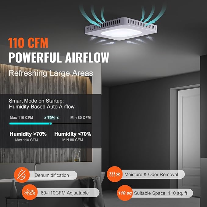 VEVOR Bathroom Exhaust Fan, 110 CFM High-Efficiency Ventilation, Remote Control, 1.5sones Low Noise Bathroom Ceiling Fan with LED Light 3000/4000/5000K, Energy-Saving, Timer - Image 5