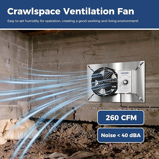 ALORAIR 260 CFM Stainless Steel Crawl Space Vent Fan - Air Out Crawlspace Ventilation Fan with Humidistat Dehumidistat, IP55 Exhaust with Isolation Mesh for Foundation Basements Garage Attic - Image 5