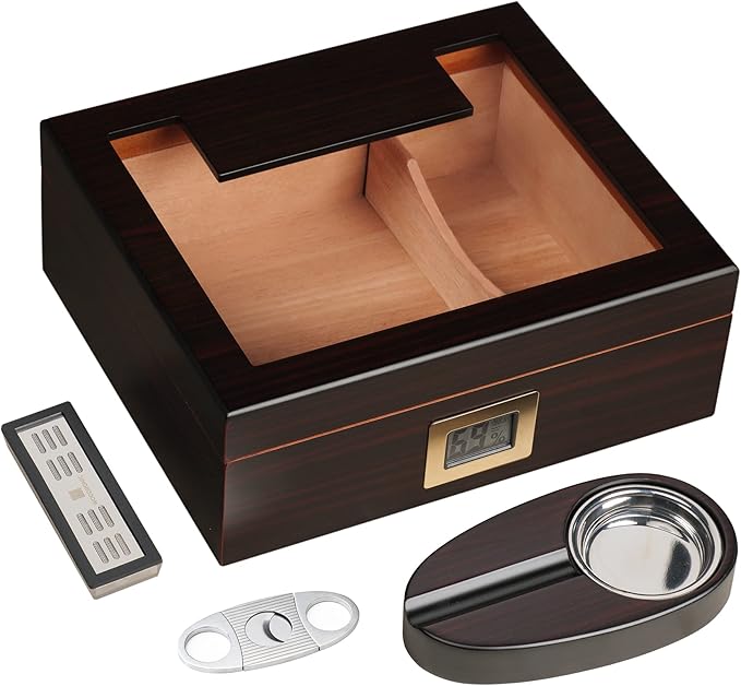 Woodronic Cigar Humidor for 50 Counts with Digital Hygrometer, Spanish Cedar Lined & Divider, Crystal Gel Humidifier, Cigar Cutter & Ashtray, Glass Top Desktop Case Gift for Fathers by Woodronic
