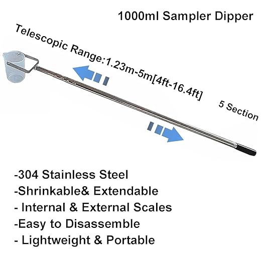 Extendable Water Sampler with Dipper System, Water Qualityd Sampler Device Telescopic for Environmental Monitoring and Qualityd Testing(1000ml,4-16.4ft/1.23-5m) - Image 2