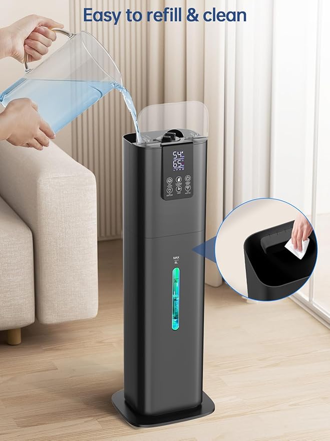 8L Smart Humidifiers for Bedroom Large Room, 2.1Gal Cool Mist Top Fill Diffuser Ambient Light, App & Remote Control, 3 Mist Modes, Quiet Humidifier for Home Office Plant (Black) - Image 8