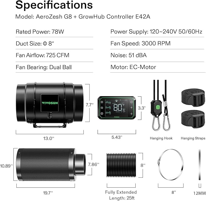 VIVOSUN Smart Air Filtration PRO G8 Kit 8", AeroZesh G8 Inline Duct Fan w/GrowHub E42A Temp. Humidity WiFi-Controller, Carbon Filter & Ducting, Cooling & Ventilation System for Grow Tent, Hydroponics - Image 9