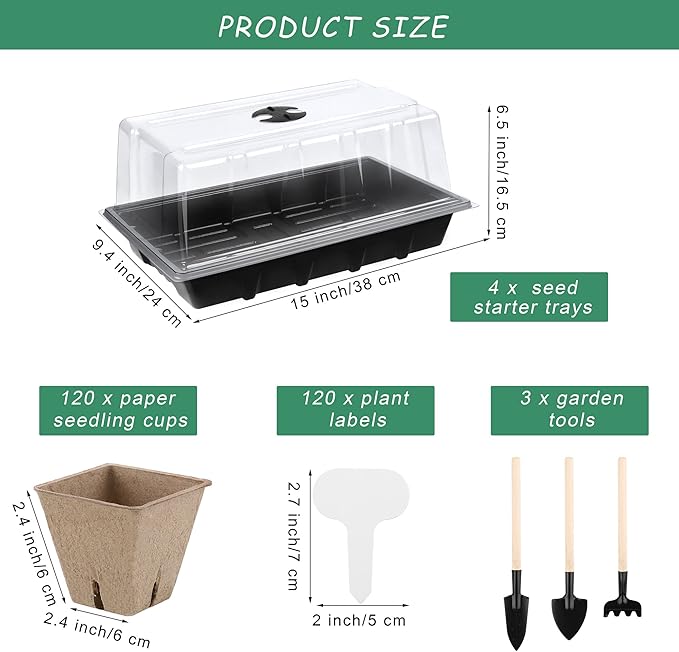 4 Pack Seed Starter Tray Kit, 120 Square Seed Peat Pots for Seedlings with Plants Labels, Planting Tools, Plastic Growing Germination Trays with Lids for Indoor Outdoor Gardening, Black - Image 2