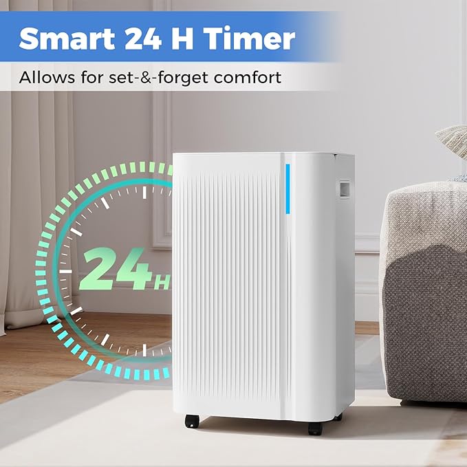 COSTWAY 54 Pints Dehumidifier for Basement, 4500 Sq.Ft Portable Dehumidifier with Drain Hose, 1.1 Gal Water Tank, 3 Modes, 24 H Timer, 3-Color Light, Auto Defrost, Memory, Child Lock - Image 5