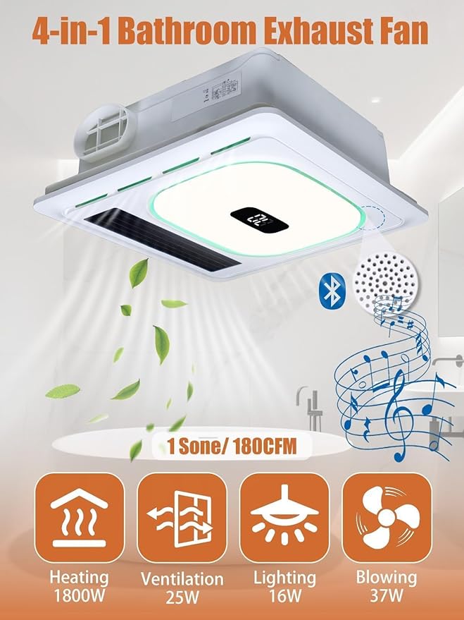 4 In1 Bathroom Exhaust Fan with Bluetooth Speaker & Heater 1800W, 180 CFM 1.0 Sone Bath room Exhaust Fan with LED Light-4 RGB Modes, Controller,Ventilation,Easy Install for Bathroom, Home - Image 3