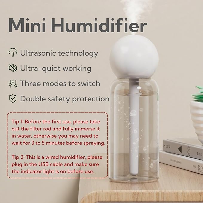 Portable Small Humidifier Dual Nozzle - Large Cool Mist Humidifiers Double Spray Ports, Water Shortage Protection, Ultra-Quiet, Mini Humidifier for Bedroom Plants Office Car Travel (P06) - Image 2