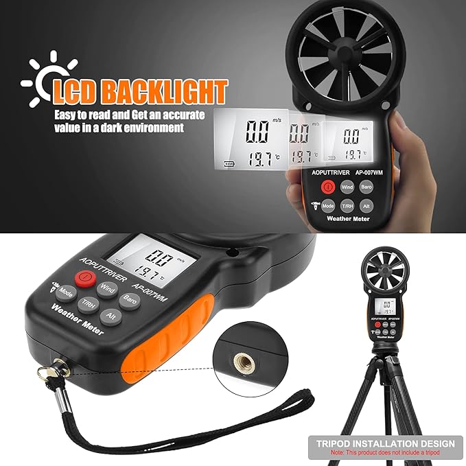 Digital Anemometer Barometer Pressure Gauge for Wind Speed ​​Temperature/Humidity/Dew Point/Wind Chill/Altimeter Barometer with Backlight MAX MIN AVG AP-007WM - Image 3