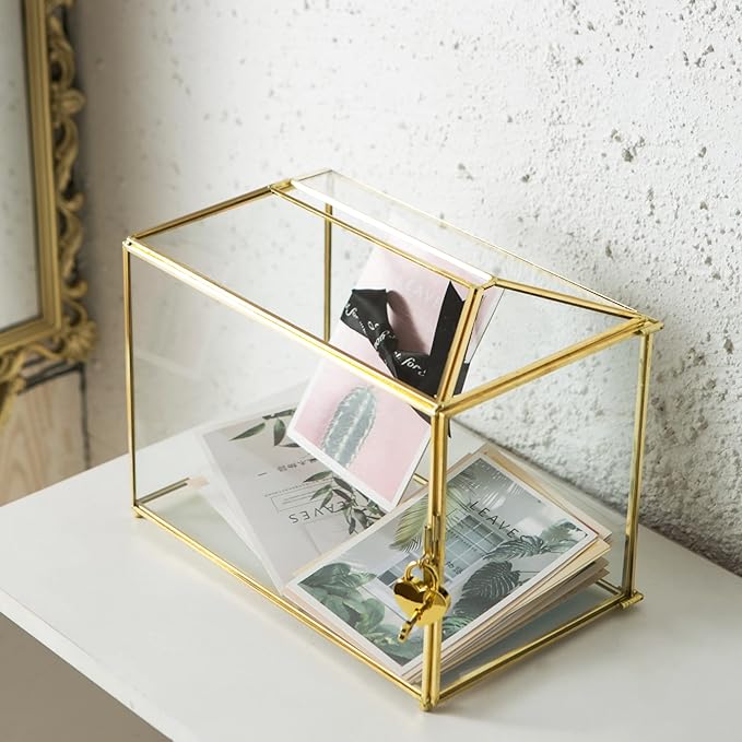Glass Wedding Card Box with Slot, Large Clear Card Box 10.2 inch Gold Brass Gift Card Storage Box with Lock for Wedding Receptions, Baby Shower, Birthday Party, Bridal Shower - Image 3