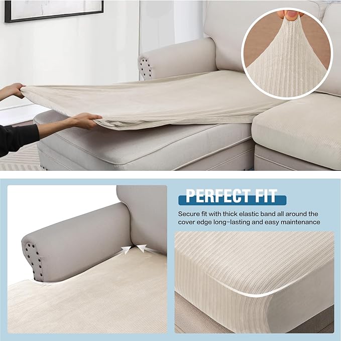 H.VERSAILTEX Velvet Stretch Sectional Couch Covers 3 Pieces, L Shape, Ivory Striped (Large Sofa 2 Seater + 1 Chaise) - Image 4