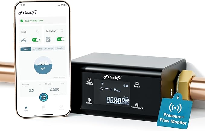 Frizzlife LP365-P Smart Water Monitor and Automatic Shutoff - 0.01 GPM Ultrasonic Micro Leak Detection, Wi-Fi / APP Control, Pressure+Flow Monitoring, 24/7 Water Usage Reports, Fits 3/4" and 1" by FRIZZLIFE