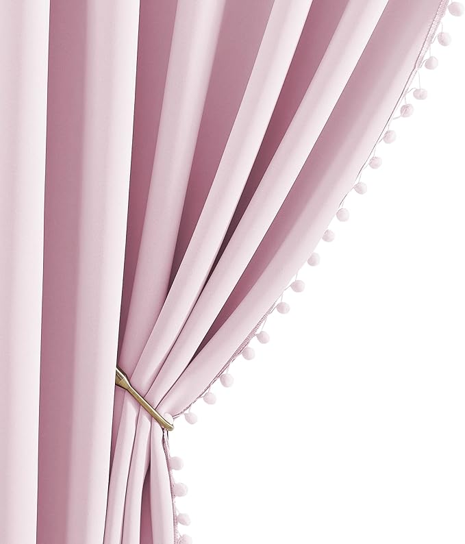NICETOWN Pom Pom Blackout Curtains for Girls Bedroom Boho Pink Window Curtains for Nursery Rod Pocket Thermal Insulated Living Room Darkening Curtain Panels for Play Room, 52" W x 84" L, 2 Panels by NICETOWN