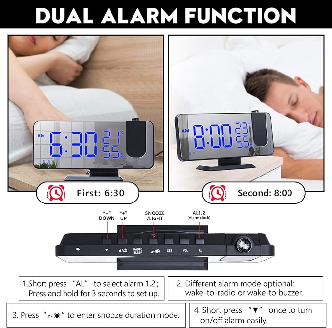Projection Digital Alarm Clock for Bedrooms,Alarm Clock Radio on Ceiling, USB Charger Port, Temperature & Humidity Display, 7.3” Large Mirror LED Display,12/24H,Snooze,Dual Loud Clock- 4 Dimmer - Image 3