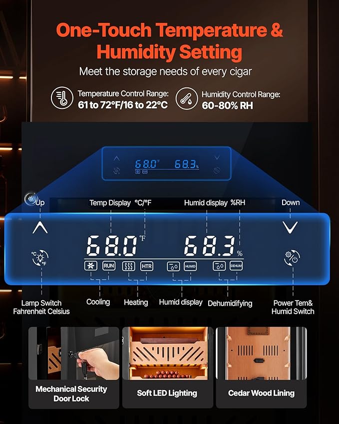 VEVOR Electric Humidor, 88L Cigar Humidor, 1000 Counts Electric Cigar Humidor with Compressor Cooling, Constant Humidity & Temperature Control, Spanish Cedar Wood Shelves & Drawers, for Household - Image 2