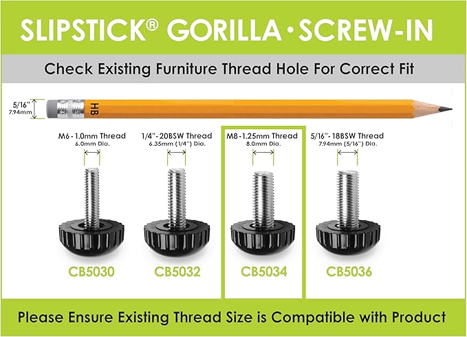 Slipstick Gorilla Outdoor Adjustable Furniture Levelers (8 Pack) Weatherproof Screw in Leg Glides for Chairs, Tables, and Outdoor Furniture Feet, 7/8 Inch Nylon Spherical Glide, M8 Thread - Image 6