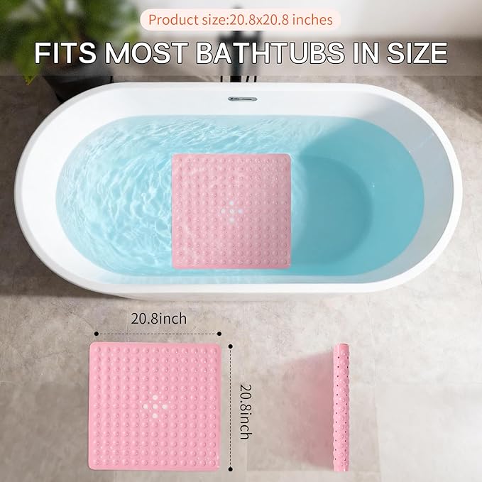 Anti-Slip Bathtub Shower mat, 20.8×20.8（Approximately 53×53cm） inch Soft Oversized Machine Washable Non-Slip Bathtub mat with Drainage Holes, Bathroom Floor Suction Cup.（1-Opaque Pink） - Image 4