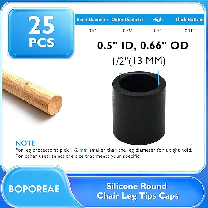 25 Pcs 1/2" (13 mm) Round Chair Leg Tips Caps, Silicone Rubber Furniture Leg Floor Protectors, Reduce Noise Folding Metal Chair Leg Cap Replacement for Bar Stool Leg Patio Indoor, Black - Image 9