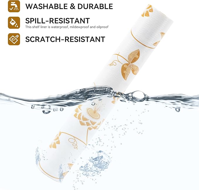 RAY STAR Shelf Liner, 18 Inch x 8 Feet Non Adhesive Golden Leaves Floral Kitchen Cabinet Liner for Pantry Drawer Vanity, Strong Grip Non Slip Waterproof, Shelf Liners for Kitchen Cabinets Cupboard - Image 2