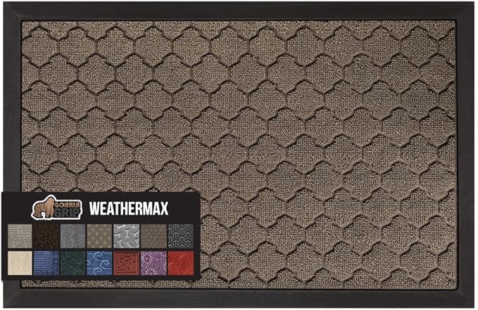 GORILLA GRIP 100% Waterproof All-Season WeatherMax Doormat US Designed Natural Rubber, Stain and Fade Resistant, Low Profile Indoor Outdoor Door Mats, Easy Clean Patio Mat, 17x29, Latte Quatrefoil by GorillaGrip