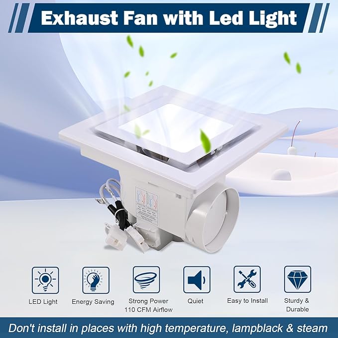 FEITON Square Bathroom Exhaust Fan with LED Light, 110 CFM 30W 4 Inch Duct, 110-220V 1.0 Sones Quiet Bathroom Ventilation Fan Light Combo Ceiling Mount - Image 2