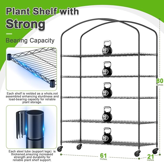 Abimars 5-Tier Greenhouse with Grow Light, Shelf Height Adjustable Metal Plant Shelf with PVC Cover and Wheels, Includes 5-Pack 2900K Full Spectrum Plant Lights, 21x60x80inch - Image 2