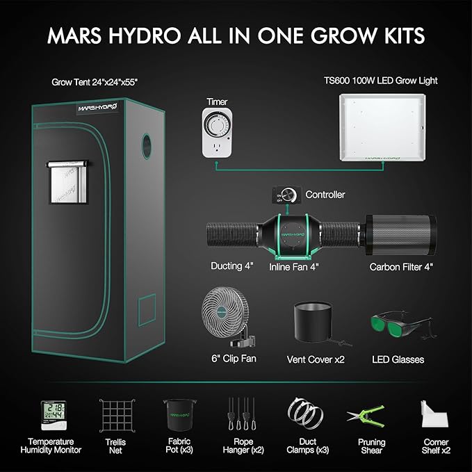MARS HYDRO 2x2 Grow Tent Kit Complete System with 10 Speed Fan,100W TS600 LED Full Spectrum Grow Light,24"x24"x55" 1680D High Reflective Mylar Grow Tent,4 inch Smart WiFi Control Ventilation System - Image 2