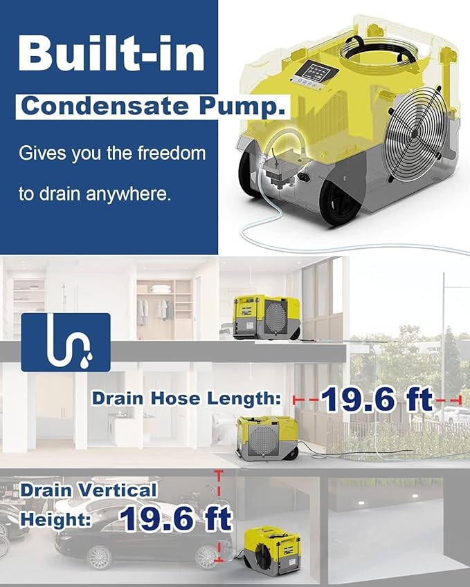 ALORAIR 264 PPD LGR Commercial Dehumidifier High Performance Industrial Dehumidifier with Pump, Compact, Portable Industrial dehumidifier for Water Damage Restoration, Yellow - Image 3