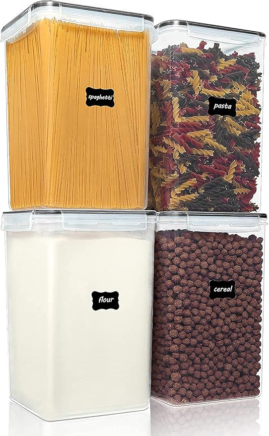 Vtopmart Extra Large Tall Airtight Food Storage Containers, 4 Pieces 5.9qt/6.5L Plastic PBA Free Kitchen Pantry Canister for Spaghetti, Flour and Baking Supplies, with 24 Labels, Black by Vtopmart