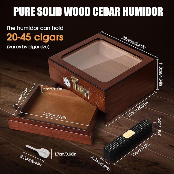 Cigar Humidor, Cedar Wood Humidor Cigar Box, Glass Top Desktop Humidor with Front Hygrometer, Humidifier, Divider, Accessories Drawer and Combination Lock, Cigar Gifts for Men (Brown) - Image 4