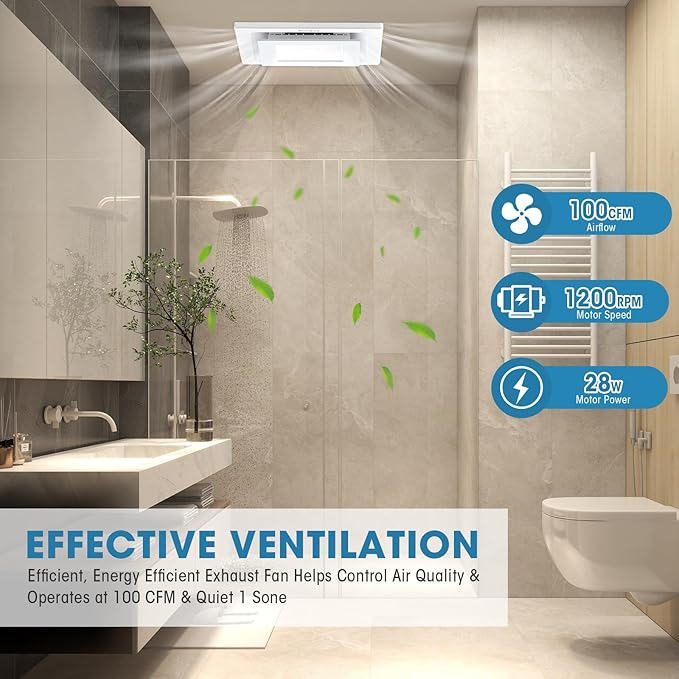 Bathroom Exhaust Fan with Light, Ultra-Quiet 100 CFM Ventilation & 3CCT LED Light, Ceiling Mount Bath Fan for Family Bathroom and Home Gym - Image 2