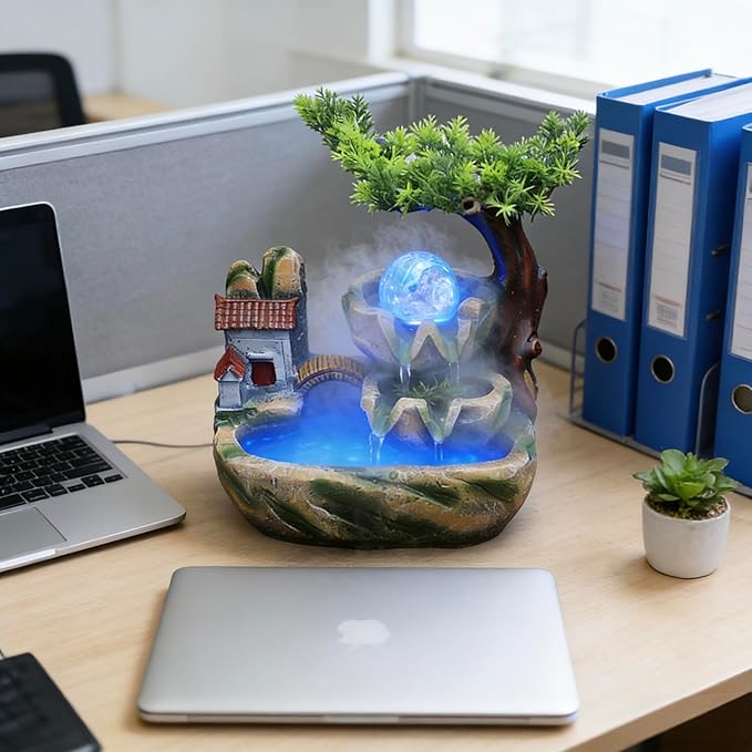 Small Bonsai Humidifier Mini Tabletop Waterfall Fountain with LED Color Night Light and Atomizer, Desktop Water Fountains Indoor Home Decor or Festival Birthday Gift for Girls Boys, 10 Inch - Image 7