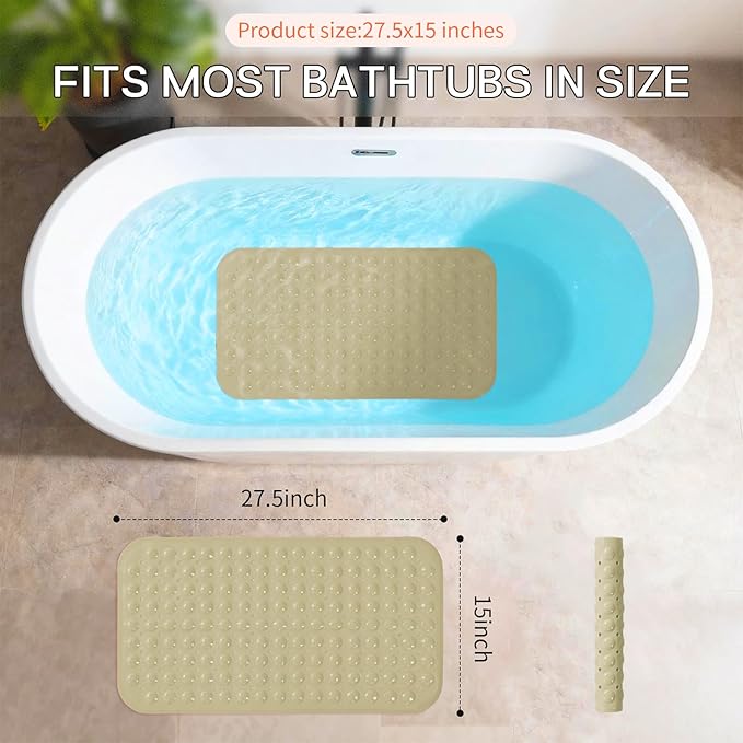 Anti-Slip Bathtub Shower mat, 27.5×14.5（Approximately 70×37cm） inch Soft Oversized Machine Washable Non-Slip Bathtub mat with Drainage Holes, Bathroom Floor Suction Cup.（1-Opaque Khaki） - Image 3
