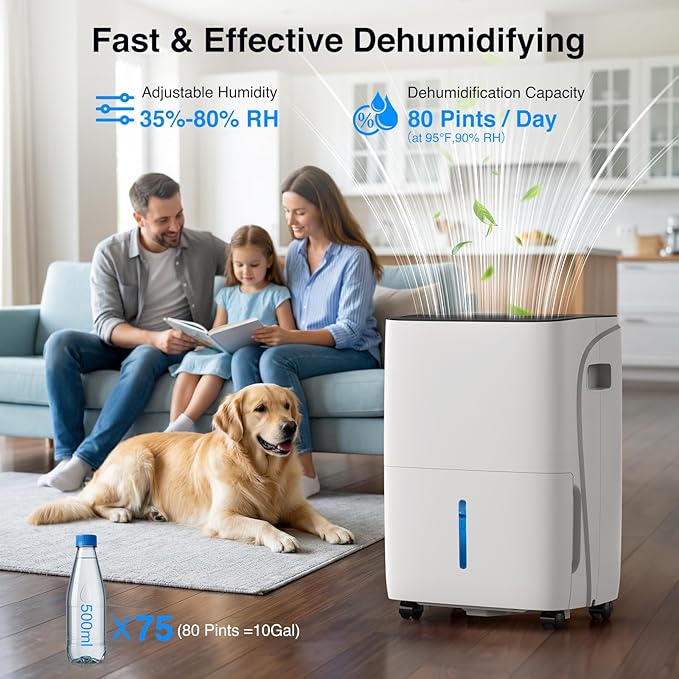 ZAFRO Dehumidifiers for Home and Basement with Drain Hose, Energy Saving Max 80 Pints Dehumidifier with Auto or Manual Drainage, Auto Defrost, Three Modes, 24Hrs Timer - Image 2