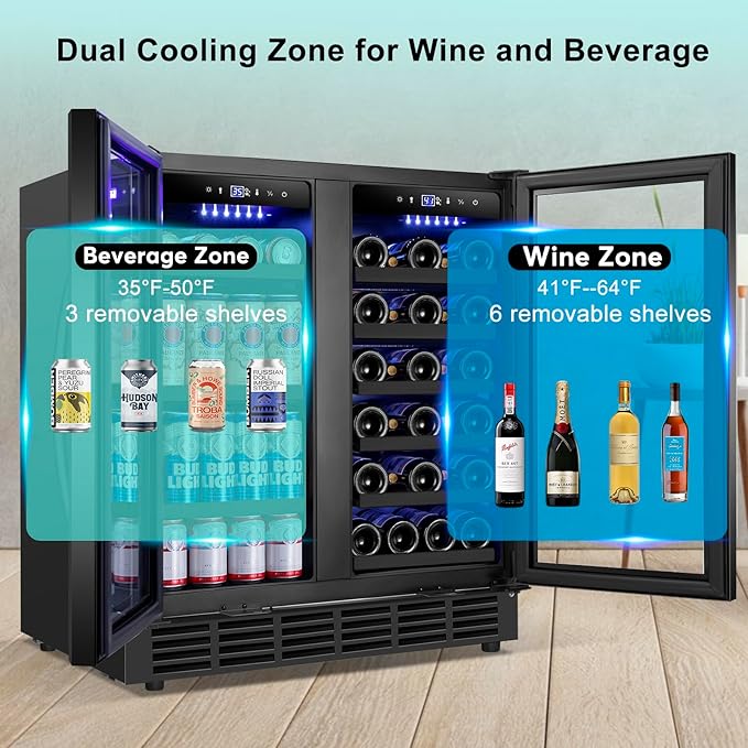 30 Inch Wine and Beverage Refrigerator, Upgrade Dual Zone Wine Cooler, 30'' Wine beverage Fridge Built in or Freestanding Under Counter Large Capacity Glass Door Advanced Cooling System,Black - Image 2