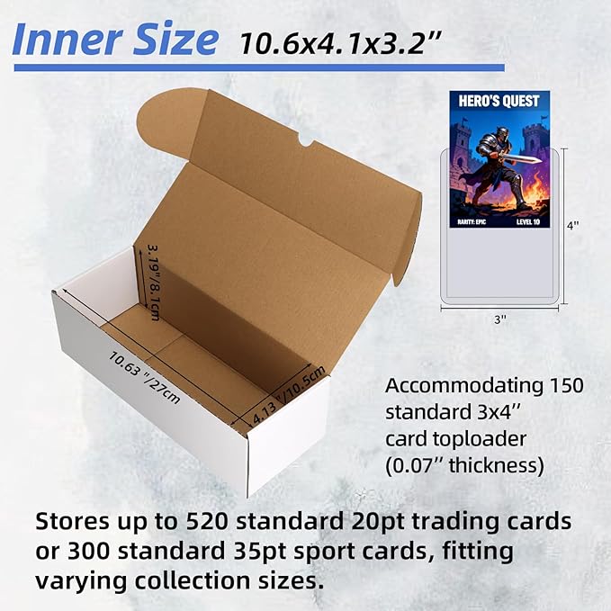EXYGLO Trading Card Storage Box 25 Pack 520 Count 20pt, 10.6x4.1x3.2 Inch White Cardboard Card Boxes for TCG/MTG/Sport Cards, Fit 3x4 Toploader Shipping or Storing, 13000 Max Capacity in Total - Image 3