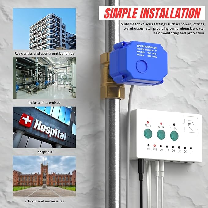 Water Leak Detector with 3/4” Brass Automatic Shut-Off Valve, Leak Alarm System with Controller and 2 Sensors, Supports Up to 8 Water Sensors for Home Flood Prevention - Image 5