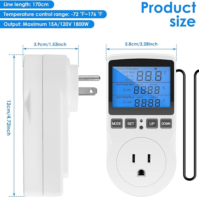 Digital Temperature Controller, 1800W 15A/120V Safe Thermostat Timer Outlet, LCD Display, Heating Cooling Control Timer Outlet Socket, Plug in Temp Controller for Fermenter, Greenhouse - Image 2