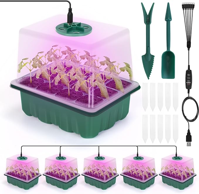 Seed Trays Seeding Starter Tray, Plant Nursery Pot with Humidity Control Lid, Easy Transplanting for Greenhouse Temperature Flowering Herb Crops Germination (6-Pack Green with Lights) by pilavaloo