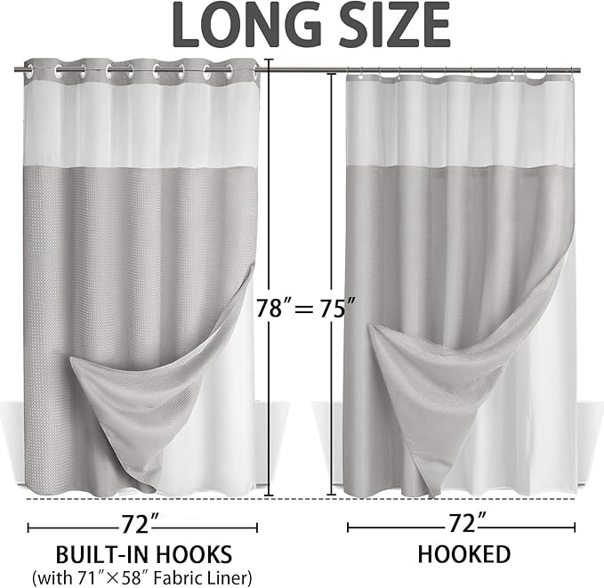 No Hook Shower Curtain and Liner Set,Light Grey Hotel Waffle Shower Curtain with Liner 78" L x 72" W - Image 6