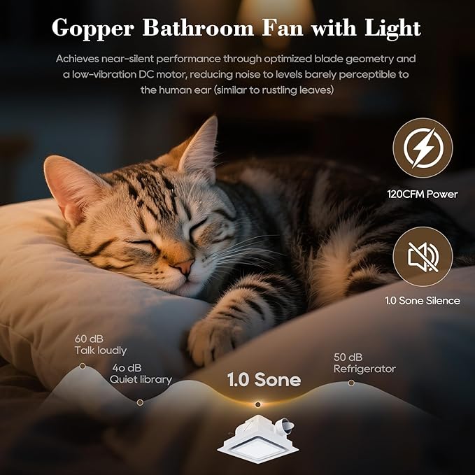 12" Ultra Quiet Bathroom Exhaust Fan with 5500K LED Light, 1.0 Sone 141 CFM, 10x10 Mount, 1500 LM Ceiling Ventilation Fan, Energy Efficient (5500K-White) - Image 3