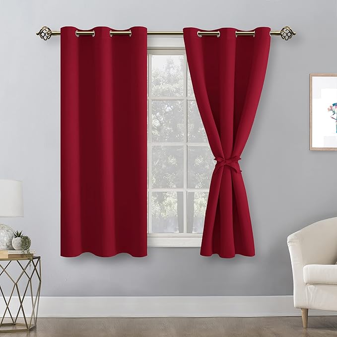 Hiasan Short Blackout Curtains for Bedroom - Thermal Insulated & Light Blocking Window Curtains for Living Room, 2 Drape Panels Sewn with Tiebacks, Christmas Red, 38 x 45 Inch - Image 2