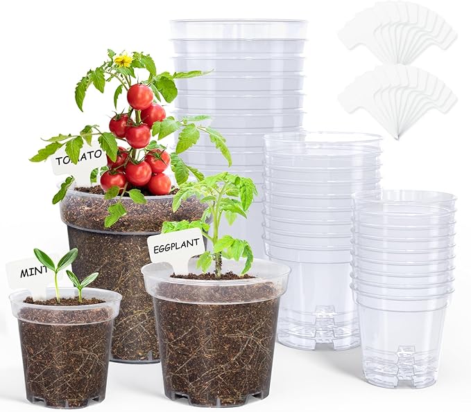homenote Nursery Pots 30 Pack,3/4/5 Inch Plant Pot for Planting, Clear Nursery Pots for Plant,Plastic Seedling with Drainage Holes Seed Starter Flower High Transparency 20 Labels Excellent Hardness by HOMENOTE