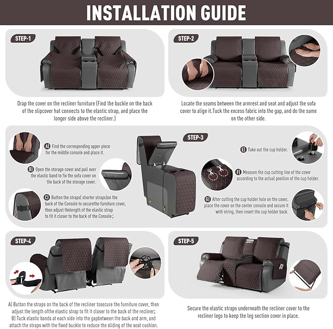 TAOCOCO 100% Waterproof Loveseat Recliner Couch Sofa Covers with Console,Double Reclining Couch Cover Non-Slip Sofa Slipcovers Washable,Furniture Protector Covers for Kids,Pets(2 Seater,Chocolate) - Image 7