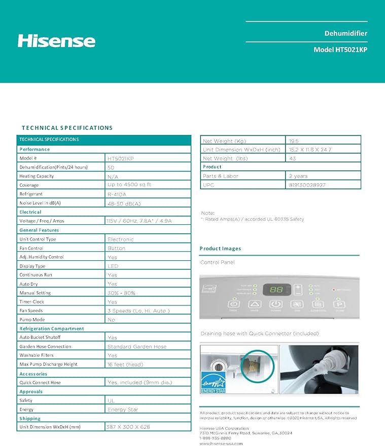 Hisense 50 Pint 3-Speed Dehumidifier with Built-in Pump, 3 Modes Auto, Continuous, Manual, White, Up to 4500 sq ft, Noise level 50 dB, HT5021KP (Renewed) - Image 4