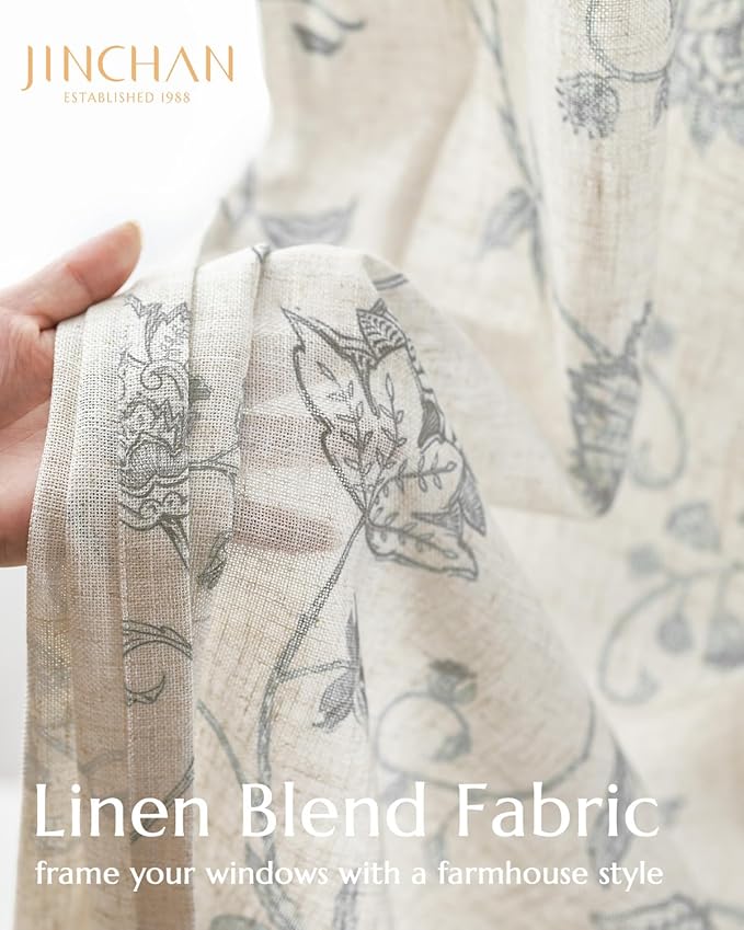 jinchan Linen Curtains Floral Curtains 96 Inch Length for Living Room Bedroom Light Filtering Rod Pocket Back Tab Jacobean Curtains Flax Linen Texture Window Drapes Set 2 Panels Dark Grey on Linen - Image 3