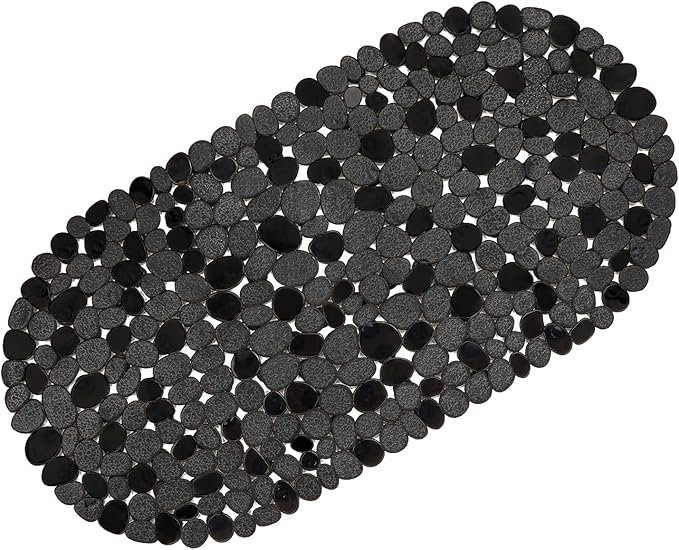WELTRXE Pebbles Bath Mat for Tub Black Non-Slip Bathtub Mat with Suction Cups, Drain Holes for Bathroom Showers, Tub, Machine Washable, BPA, Latex Free Oval Shower Mats Bath Tub mat, 27 x 14 Inch by WELTRXE