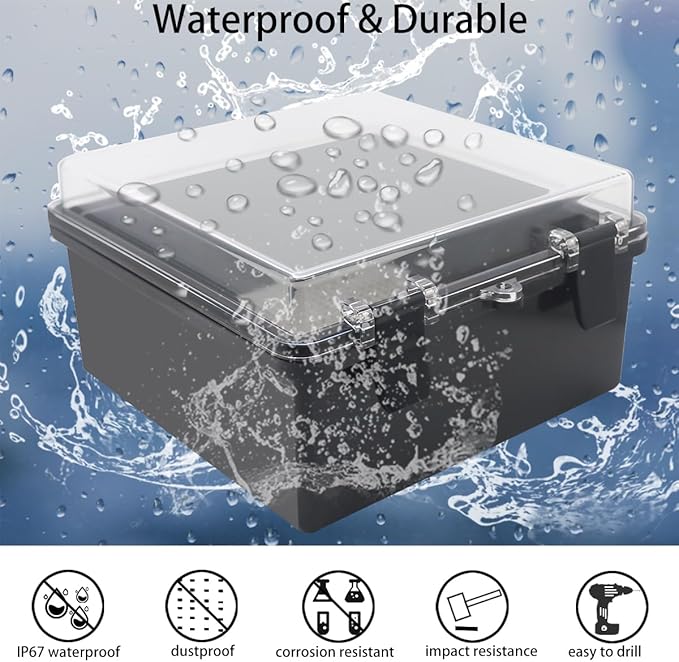 Junction Box, Hinged Black Clear Cover IP67 Waterproof ABS Project Box with Mounting Plate Electrical Box Enclosure with Wall Bracket 8.3 x 8.3 x 4.3inch(210x210x110mm) - Image 2
