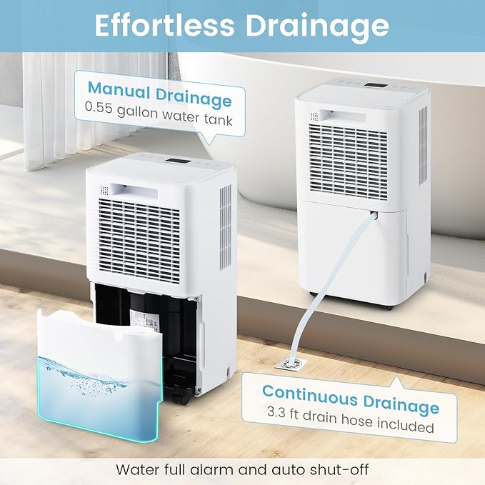 COSTWAY 32 Pints Dehumidifier for Home, 2000 Sq.Ft Portable Dehumidifier for Bedroom, Basement, Bathroom, 24H Timer, 3-Color Indicator, 3.3 FT Drain Hose, 4 Wheels - Image 4