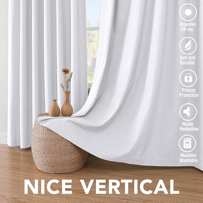 H.VERSAILTEX Linen Curtains 100% Blackout Curtains for Bedroom 90 inch Long Full Light Blocking Nature Linen Blended Window Curtains for Living Room Nickel Grommet (2 Panels, Bright White) - Image 7