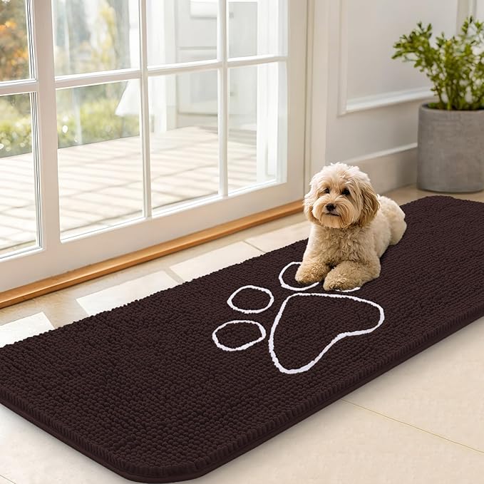 OLANLY Dog Door Mat for Muddy Paws 59x20, Paw Print Design, Absorbs Moisture and Dirt, Absorbent Non-Slip Washable Doormat, Quick Dry Chenille Mud Mat for Dogs, Entry Indoor Entryway Carpet, Brown by OLANLY
