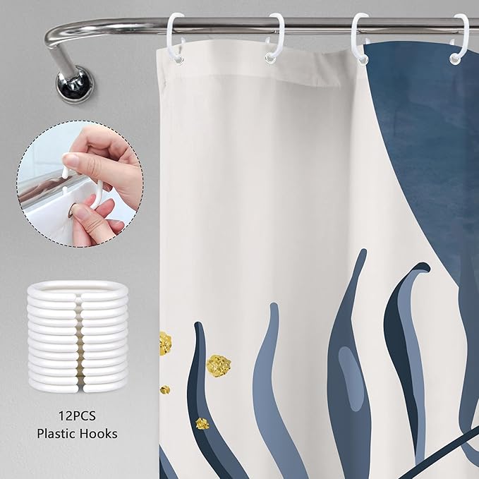 Navy Blue Boho Shower Curtain 72Wx78H Grey Modern Bohemian Abstract Leaves Plant Botanical Mid Century Minimalist Bathroom Decor Geometric Neutral Bath Curtain Fabric Polyester 12 Pack Hooks - Image 5